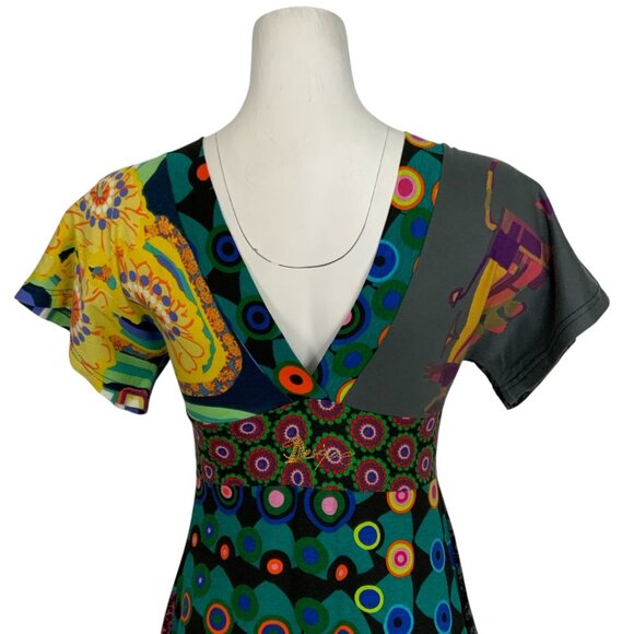 Desigual Dress S Colorful Embroidered Short Sleeve Tiered V-Neck Art To Wear - Picture 7 of 13